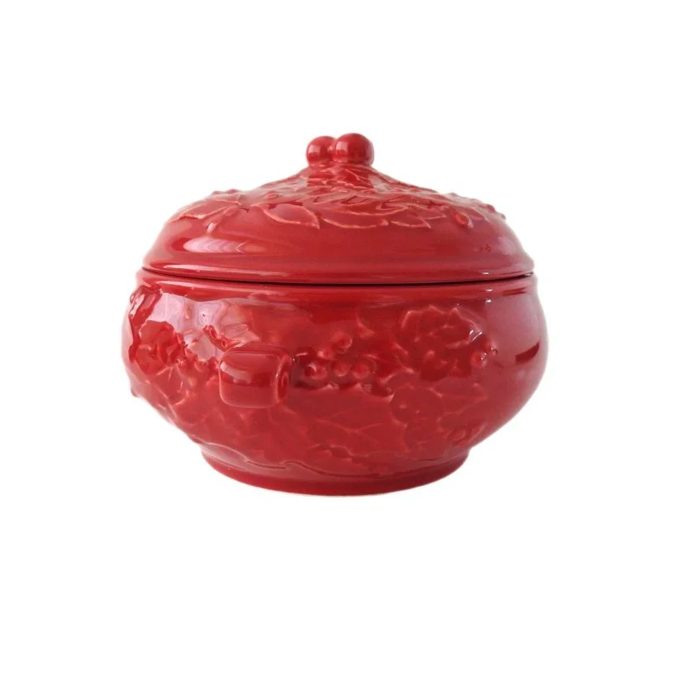 Sur La Table Red Ceramic Mini Crock Lidded Bowl Christmas Poinsettia Garland